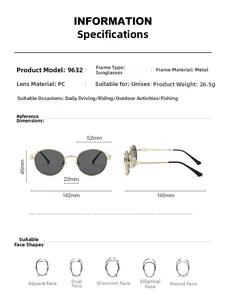 Detailed technical diagram of round retro metal sunglasses with specific measurements