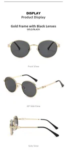 Three-angle view of round vintage sunglasses with gold metal frame and gray lenses