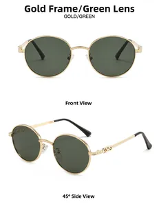 Close-up of retro round metal sunglasses with green lenses and engraved gold temples