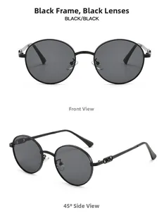 Detailed front and side views of round metal sunglasses with black frame and grey lenses
