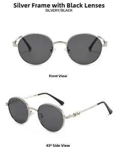 Detailed front and side views of silver metal round frame sunglasses with black lenses