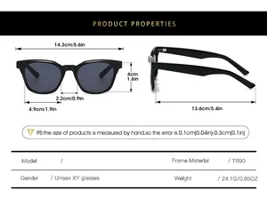 Detailed size chart for square TR90 sunglasses showing frame and lens dimensions