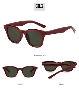 Three-view display of vintage TR90 square sunglasses in wine red with dark green lenses