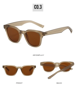 Three views of TR90 square sunglasses in matte tea brown with dark brown lenses