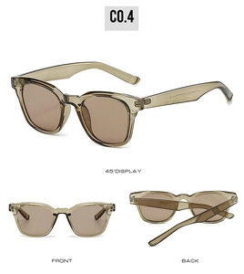 Three views of TR90 square sunglasses in translucent amber with dark brown lenses