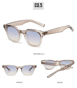 Three perspectives of champagne TR90 square sunglasses featuring blue gradient lenses