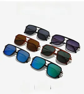 Detail view of stylish aviator sunglasses in multiple colors with metal double bridge frames