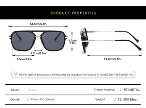 Size chart showing exact dimensions of aviator sunglasses with PC and metal frames