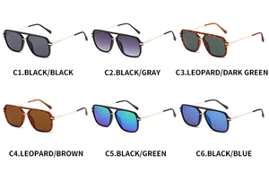 Collage of square aviator sunglasses in six colors with metallic temples and retro frame