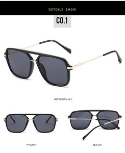 Detailed multi-angle views of square pilot sunglasses with black frames and gold temples
