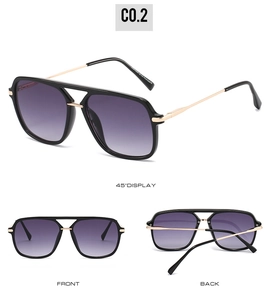 Multiple views of pilot square sunglasses with black frame and purple gradient lenses