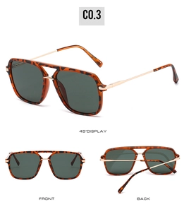 Three-angle view of oversized pilot sunglasses with leopard frames and gold metal temples