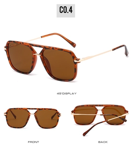 Three views of square tortoise shell sunglasses with gold metal temples and brown lenses