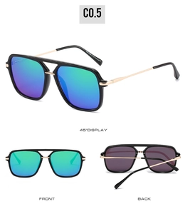 Detail of square pilot sunglasses with blue-green gradient lenses and golden metal temples