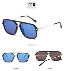 Three-view display of black pilot sunglasses with blue mirrored lenses and gold temples