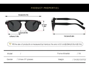 Size chart for TR90 round frame sunglasses with detailed measurements in cm and inches