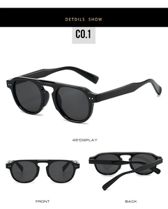 Detail view of round vintage TR90 sunglasses with integrated nose pads and metal dots