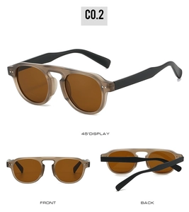 Detailed views of vintage round TR90 sunglasses in translucent grey with amber lenses
