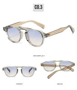 Multi-angle view of vintage round TR90 sunglasses with blue-orange gradient lenses