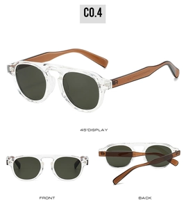 Three-view layout of retro round sunglasses showing front, back, and 45-degree angle details