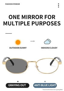 Golden oval frame glasses showing photochromic lenses and anti-blue light functional detail