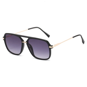 Classic aviator sunglasses with black frame and purple gradient lenses on white background