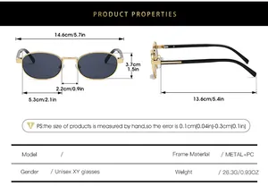 Size chart showing exact dimensions of oval frame sunglasses in centimeters and inches