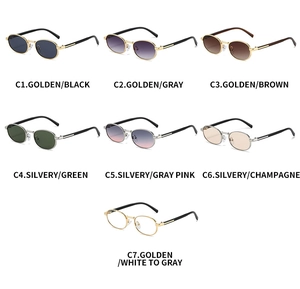 Detailed grid of oval vintage sunglasses in seven gradient colors with metal frames