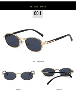 Detailed multi-angle view of oval metal frame sunglasses with minimalist gold temples