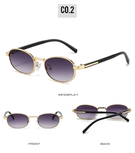 Three-angle view of oval gradient sunglasses with golden frame and black temples