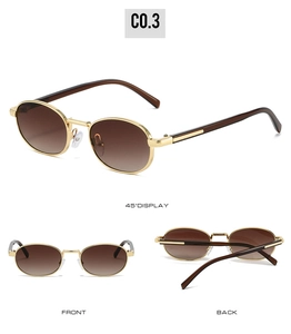 Three-view perspective of oval small-frame sunglasses with brown gradient lenses and gold rims