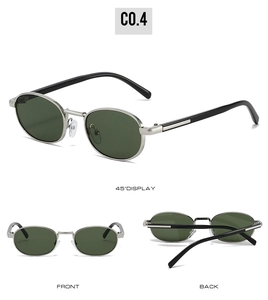 Detailed views of oval sunglasses with silver metal frames and dark green lenses