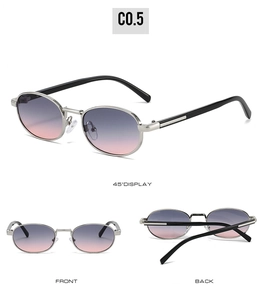Detailed views of oval metal sunglasses with silver frame and gradient purple lenses