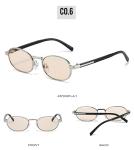 Detailed views of oval metal sunglasses showing front, back, and 45-degree angles