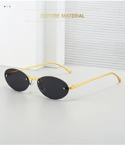 Detail of retro oval rimless sunglasses with gold metal temples and dark lenses