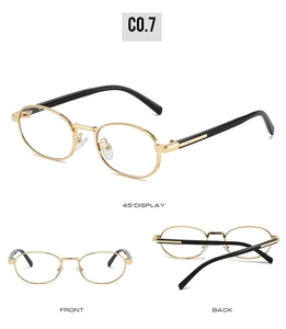 Three-angle display of oval gold metal sunglasses frames with black temple tips