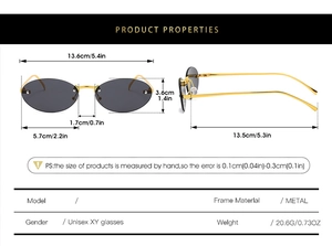 Detailed size chart for rimless oval sunglasses with frame measurements and weight