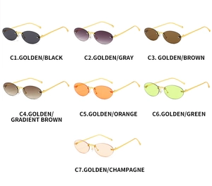 Detailed grid of rimless oval sunglasses showing seven lens colors with gold metal temples