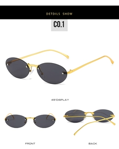 Detailed views of rimless oval sunglasses with grey lenses and gold metal temples