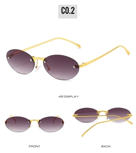 Three views of rimless oval sunglasses with purple gradient lenses and gold metal frame