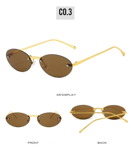 Multi-angle views of rimless oval sunglasses with brown lenses and golden metal frames