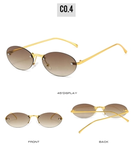 Frameless oval sunglasses with brown gradient lenses and gold temples shown in three angles