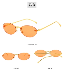 Detail view showing frameless orange oval sunglasses with slim gold metal temples
