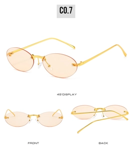 Three views of rimless oval sunglasses with light orange lenses and gold metal frames