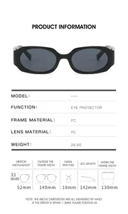 Detailed size chart for retro small frame sunglasses showing lens and frame dimensions
