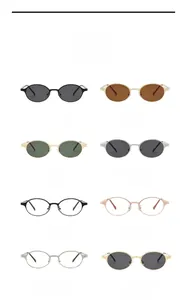 Matrix-Ansicht von Vintage-Oval-Sonnenbrillen mit Goldrahmen und C-förmigem Metallscharnier