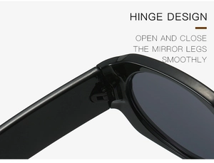 Detail of durable hinge design on retro black thick frame sunglasses for smooth opening