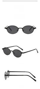Drei Ansichten der Vintage-Oval-Sonnenbrille mit schwarzem Metallrahmen und grauen Gläsern
