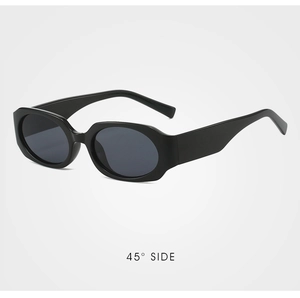 Detailed 45-degree side view of black oval sunglasses with thick frames and dark lenses