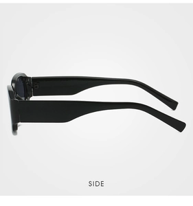 Side view of retro small frame sunglasses featuring a thick polished black frame